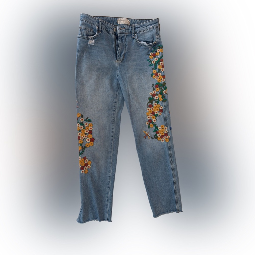 Free People Floral Embroidered Blue Jeans
